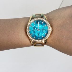 Fossil rhinestone gold link watch